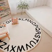 Poowe ABC Round Carpet Kids Children Educational Learning Area Rug 4ft, Fluffy Faux Wool Alphabet Baby Crawling Mat, Activity Centerpiece Play Mat - Ideal Gift for Boys Girls Bedroom Play/Game Room