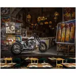 風格懷舊復古街景摩托車壁紙壁畫餐廳酒吧俱樂部咖啡廳咖啡廳背景三維牆紙