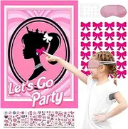 ZCOINS Pin The Bow on The Girls Head Game, Pink Poster with 24Pcs Reusable Bow Stickers and 8Pcs Princess Stickers Set for Kids Girls Birthday Activity Party Supplies Wall Decorations