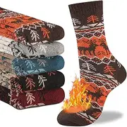 [Heatuff] Mens Warm Wool Socks Thermal Winter Thick Crew Pattern Socks Cold Weather 5 Pairs