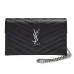 【YSL】經典MONOGRAM系列銀色LOGO V字縫小牛皮WOC斜背包(黑色695108-BOW02-1000)