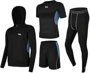 [GRECERELLE] Men's 4 Piece Sports Running Set, Ultimate Performance Equipment for Running & Fitness - Short Sleeve Top, Shorts, Compression Tights and Hoodie.