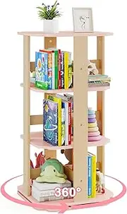 HONEY JOY Kids Rotating Bookcase, 360° Spinning 3-Tier Kids Book Shelf Tower with 12 Sectors, Cute Square Book Stand, Freestanding Corner Toddler Book Rack for Kid's Room, Living Room, Daycare, Pink