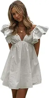 [Generic] Womens Spring Summer V Neck Knot Back Causal Strap Short Flowy Swing Mini Dress