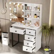 Dressing Table With LED Sliding Mirror 5 Drawers Shelf Vanity Table Makeup Desk