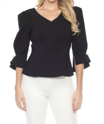 Joseph Ribkoff Pearl Puff Sleeve V-Neck Twill Peplum Top Size 10 (UK 12)