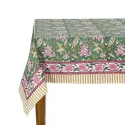 Viridian Green Rectangle Tablecloth, 100% Cotton Hand Block Print Washable Ta...