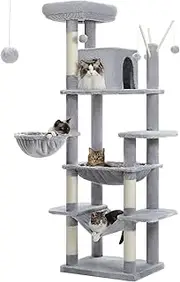 PAWZ Road Multi-Level Cat Tree 175cm With Super Large Hammock (50 * 40cm), Tall Cat Tower for Large Cats With Scratching Posts, Cat Condo and Top Perch Grey