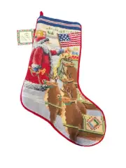 Vtg American Flag Needlepoint Christmas Stocking Old World Santa Velvet Back NWT