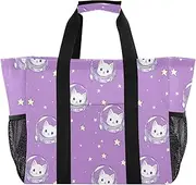 [sanluoli] Bags And Totes Collapsable Beach Tote Sandproof with Handles Car Totes, Cartoon Cute White Cat Astronaut, 1 size