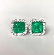 Emerald Cut Colombian Emerald with Diamond Halo Stud Earrings