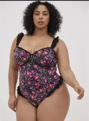 NWT Torrid Plus Size 3 3X 22/24 Satin Thong Sexy Floral Ruffle Bodysuit
