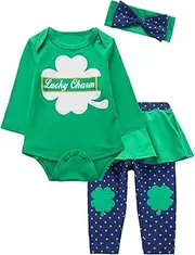 [Okbebe] Baby Girls St Patrick's Day Outfit Set Clover Top Stripe Pants with Headband