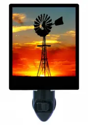 Country Decorative Photo Night Light, Windmill at Sunset, Farm Field