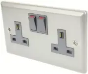 Volex 13A Double Switched Socket 2 Gang Wall Socket in Brushed Chrome w/Black
