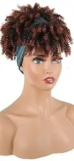 Curly Wigs for Black Women,Headband Wigs with Bangs Wrap Wig 2 in 1 Synthetic Short Afro Curly Wig with Headband Attached Headwrap Wigs Drawstring High Afro Puff Brown Curly Wig Turban (A-1B/30)