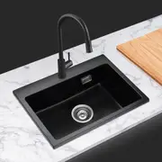 ACA 55x45CM Kitchen Sink Granite Stone Sink w/Overflow Basin Single Bowl Black Top/Under/Flush Mount