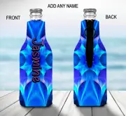 Blue Abstract Personalised Stubby Holder Zip Up Bottle Cooler Collapsible
