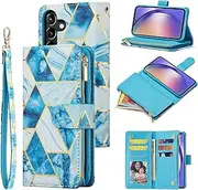 [UEEBAI] Wallet Case for Samsung Galaxy A15 4G/5G, PU Leather Case Magnetic Closure Handbag Zipper Pocket Case Kickstand Card Slots with Hand Strap Marple Flip Case for Women - Marble Blue