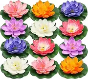 PietyPet 12pcs Floating Foam Lotus Flowers with Lily Pads, Artificial Pond Plants Ornaments for Pool Aquarium Water Decoration, Colorful