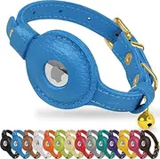 OOPSDOGGY Cat Collar with Bell for AirTag - Non Breakaway Leather Kitten Collar with Apple Air Tag Holder - Lightweight Integrated GPS Pet Collars for Girl Boy Cats, Small Dogs, Puppies (Blue)