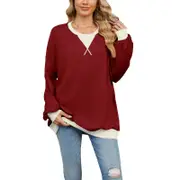 Women Casual Loose Contrast Colour Jumper - Wine Red