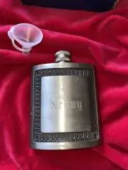 Vintage Kings PEWTER Screw Cap Hip FLASK + Funnel * Monogram Kenny*Thailand 5 oz
