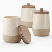 Set of 3 Rustic Cream Beige Ceramic Kitchen Bathroom Canister Set Wooden Lids