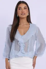 Blue Ruffled Top Mid Sleeve V-neck Poet's Blouse - Size 16XL, Women's Top