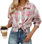 [ZPLxi] Womens Long Sleeve Plaid Shirts Lapel Button Down Blouse Tops Casual Work Shackets with Pockets