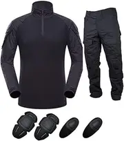 [SUNNY] Outdoor Sports Airsoft Gear Jungle Hunting Clothes Woodland Shooting Shirt Pants Set Battle Dress Uniform BDU Set Tactical Combat Camouflage Clothing with Kneepad Elbow Pads - Black - XXXL
