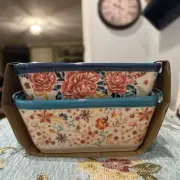 Pioneer Woman Keepsake Floral Mini Loaf Pans Ceramic 2 Pcs Blue 5.1"Wx3.1"D New