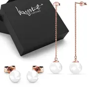 Boxed 2 Pairs Rose Gold Layered Pearl Earrings Set Embellished with SWAROVSKI® Pearls