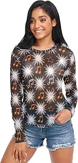 [ODAWA] Musical Notes White Black Long Sleeve Mesh Shirt See Through Mesh Top Tee Blouse Workout Tops Hoodies