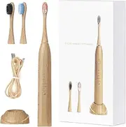 Electric Bamboo Toothbrush With 5 Cleaning Modes - Newly Upgraded IPX8 Waterproof Sonic, 2 Minute Timer, Portable USB Rechargeable, 3 Colors Replaceable Heads (Adult)