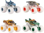 Monster Jam, Snow Drifters 4-Pack Monster Trucks, Official Dragon, Megalodon, Earth Shaker and Max-D, 1:64 Scale, Kids Toys for Boys Ages 3 and up