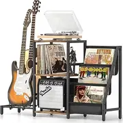 Bikoney Record Player Stand with Guitar Holder, Guitar Rack for Acoustic, Electric Guitar, Bass, Guitar Stand Multiple Guitars, Vinyl Record Stand, Guitar Stands Floor for Studio