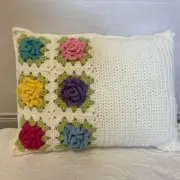 Crochet Pillow Cover Granny Square 3D Flowers Cabbage Rose includes insert