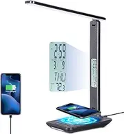 Desk Lamp, LED Desk Lamp with Wireless Charger, USB Charging Port, Desk Lamps for Home Office, Dimmable Office Desk Lamp with Clock, Alarm, Date, Temperature, Foldable Desk Light, Table Lamp, Black
