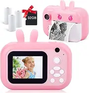 MINIBEAR Instant Print Camera for Kids with Print Paper, 40MP Zero Ink Digital Camera, Selfie Video Camera, Child Toy Camcorder with 2.4 Inch Screen and 32GB TF Card (Pink, H5)