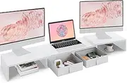 TEAMIX Dual Monitor Stand Riser - Length and Angle Adjustable White Monitor Stand with 2 Drawers to Storage Large Computer Riser for 2 Monitors/Laptop/PC, Wood Screen/TV Stand Desk Organizer