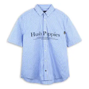 【Hush Puppies】男裝 襯衫 簡約配色直條紋品牌英文印花寬版短袖襯衫(淺藍 / 43112111)