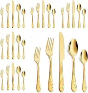 Seeshine Gold Silverware Set for 6, 30-Piece Stainless Steel Flatware Set, Shiny Gold Metal Cutlery Set, Include Spoon, Fork and Knife Set, Dishwasher Safe