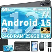 12 Inch Tablet Android 15 Tablets, 2025 Upgraded Android Tablet with Keyboard, 24GB RAM+128GB ROM(1TB Expand), Octa-Core, 2K 2000x1200 Display, 16MP Dual Camera, 8000mAh, 2.4G/5G WiFi, GPS (Black)