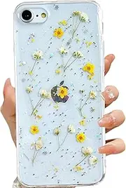 LSEEKA for iPhone SE 2022/ SE 2020/8/7 Clear Case with Pressed Real Flowers Design,Glitter Cute Yellow Floral Pattern Slim Soft TPU Protective Women Girl's Phone Cover for iPhone SE 2022/2020/8/7