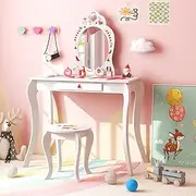 HONEY JOY Kids Princess Vanity Set, 2 in 1 Children Dressing Table w/Removable Mirror & Storage Drawer, Pretend Play Writing Desk Chair w/Watermelon Patterns for Kids Aged 3+ Years Old, White
