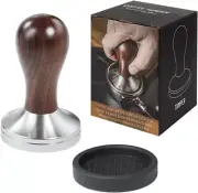 Coffee Tamper Espresso Press with Tamper Mat 304 Stainless Steel Flat Base Woode