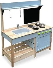 Mud Kitchen Playset for, Outdoor Wooden Toy Play Kitchen Set for Boys and Girls, Kitchen Accessories and Garden Sink with Faucet, Blackboard, Cookware Pot (Blue)