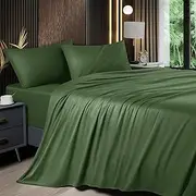 Shilucheng 4 Piece Queen Sheet Sets, Cooling Sheets, Blend Rayon Derived from Bamboo, Deep Pocket Up to 16", Breathable & Soft Bed Sheets, Hotel Silky Bedding Set, Olive Green