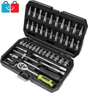 46 Pc 1/4" Drive Socket Ratchet Wrench Set, Metric Bit & Extension Bar for Auto